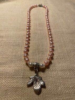 Silver Leaf Pendant Pink Pearl Necklace 17”